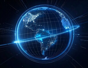 Glowing digital representation of Earth with light and data trails