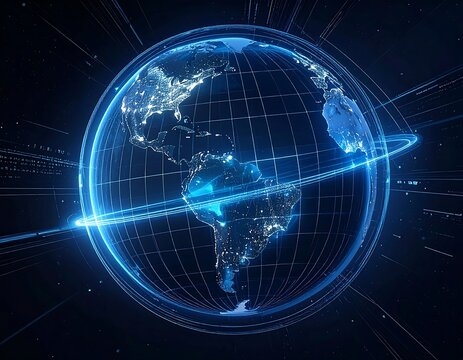Glowing digital representation of Earth with light and data trails