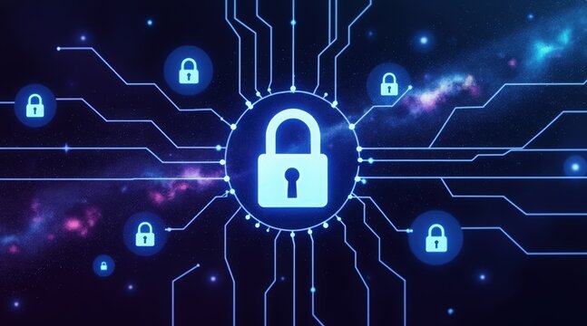 Digital security network with glowing padlocks and circuitry