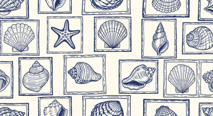 Seamless Pattern of Hand-Drawn Seashells in Squares, Elegant Beach-Inspired Design