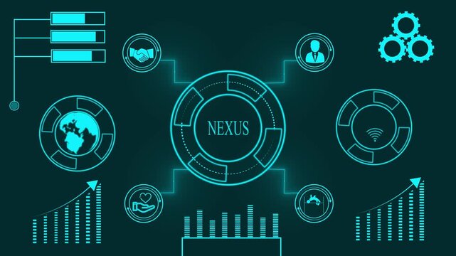 Futuristic digital interface with glowing cyan icons and charts on a dark teal background with the word NEXUS - Powered by Adobe
