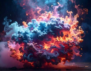 A vibrant, colorful explosion bursts forth against a dark backdrop. The central focus is a cloud of mixed colors