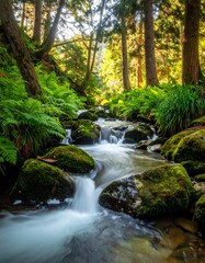 Serene forest scene showing a flowing stream and lush green vegetation