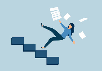 Businesswoman falling from stairs with documents in flat design.