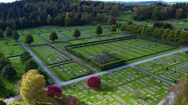 Aerial of Kviberg Cemetery in Gothenburg, Sweden, showing burial grounds of World War II and commonwealth war veterans.