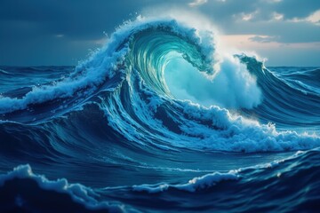 Powerful ocean wave crashing with sunlight breaking through clouds