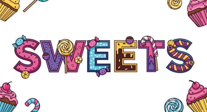 Colorful 'Sweets' Text with Candy Decorations - A Sweet Design for Celebrations and Fun Themes