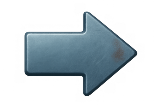 Blue metallic arrow pointing right with aged texture, indicating direction, navigation, and progress on transparent background