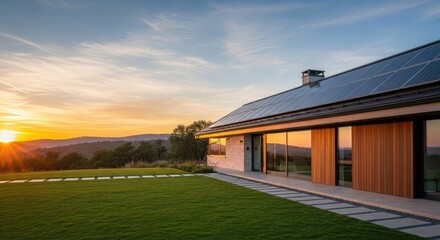 A modern, sustainable home with solar panels on the roof, overlooking a lush green lawn and a scenic mountain range at sunset.