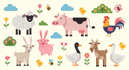 Farm Animal Friends Cute Icons of Sheep, Cow, Pig and More