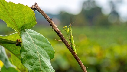 A captivating shot of a praying mantis perched on a branch in natural habitat