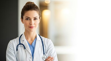 A female doctor standing in a hospital corridor with her arms crossed.