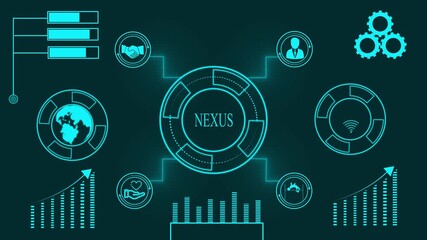 Futuristic digital interface with glowing cyan icons and charts on a dark teal background with the word NEXUS - Powered by Adobe