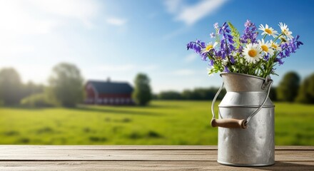 A wooden table with a metal milk canister filled with wildflowers and a red barn in the background.