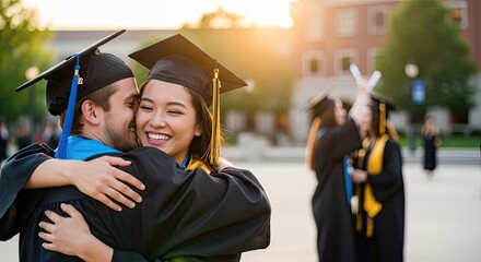 Two students in graduation caps and gowns hugging on a college campus at sunset.