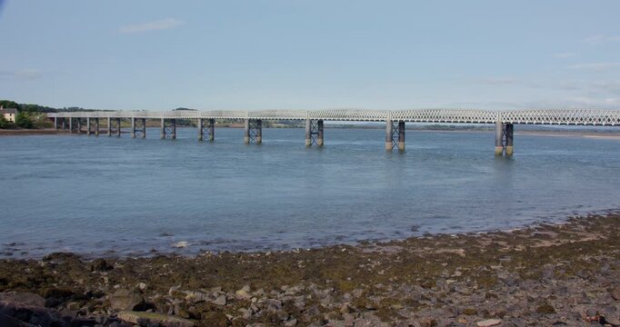 Extra wide shot of the River South Esk Rail Bridge at Montrose