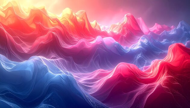 Abstract landscape of colorful, flowing layers with soft, radiant lighting