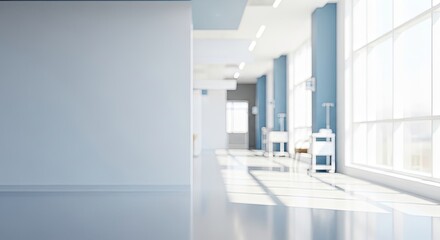 A spacious, modern hospital corridor with blue walls and white floors.