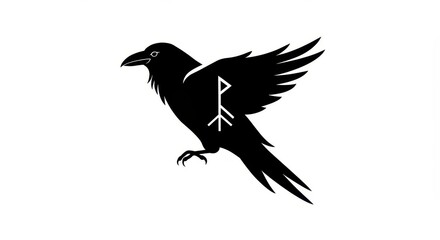 Obraz premium Silhouette illustration of a large black bird with ancient script marking on its wing against a white background