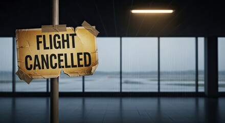 An empty airport terminal with a sign reading 'Flight Cancelled' taped to a pole.