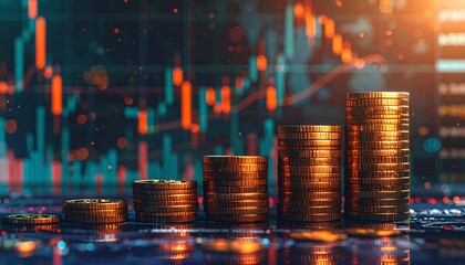 Stacks of gold coins rise progressively, juxtaposed with a blurred, abstract graph representing financial market fluctuations