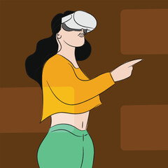 Woman wearing VR headset and interacting with virtual reality