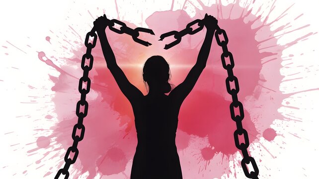 Silhouette of a woman holding broken chains against a watercolor background, representing liberation, empowerment, and overcoming obstacles with resilience