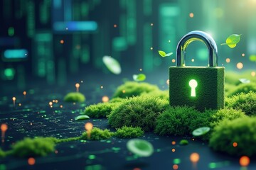 Green lock symbolizing secure nature and digital ecosystems