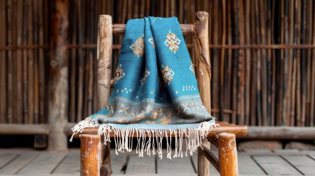 A textural fine art photograph of a traditional Mexican rebozo shawl draped elegantly over a rustic wooden chair