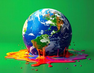 A vibrant depiction of Earth with melting continents in a spectrum of vivid colors against a solid green background