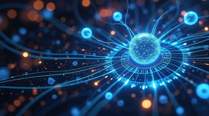 Abstract neural network with glowing blue connections and bokeh lights