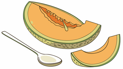 A vibrant illustration showcases a cantaloupe slice with a spoon, , highlighting the freshness of the fruit