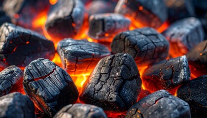 Close-up of Glowing Embers and Charcoal, Ready for Cooking and Grilling, BBQ Ready