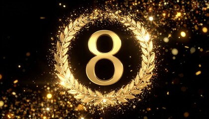 8th Anniversary Sparkling Gold Particle Wreath Background　8周年記念のお祝いのイメージ　輝く金色の粒子と月桂冠と大きな数字の「8」　デジタルイラスト