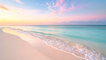 Panoramic wide angle view of a serene tropical beach at sunset with soft pink and blue pastel clouds reflecting on the calm turquoise ocean water and white sand shoreline