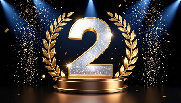 Silver Number 2 Award Podium with Laurel Wreath and Spotlight　2周年や2位入賞のお祝いのイメージ　黒背景に表彰台と月桂冠、銀色の輝く数字の2の豪華なステージ背景　デジタルイラスト