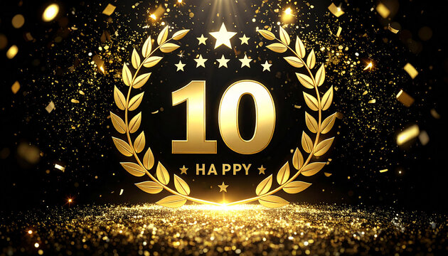 Happy 10th Anniversary Golden Laurel Wreath with Stars and Confetti　10周年や十歳を祝う月桂冠と金色の数字、黒地に紙吹雪の舞う背景　デジタルイラスト
