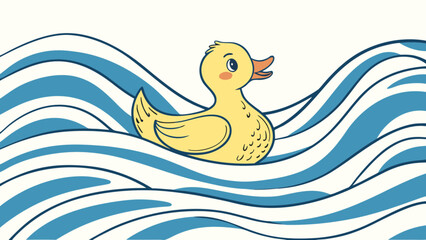 A cheerful yellow rubber ducky bobs gently on stylized blue waves, its orange beak slightly open, creating a playful scene