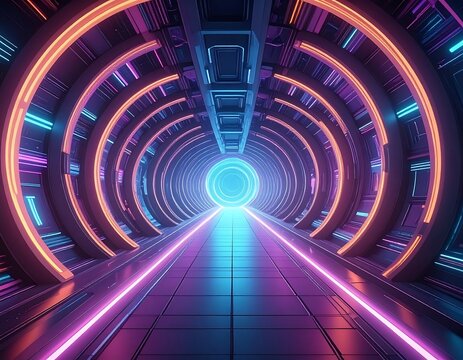 A futuristic tunnel with vibrant neon lighting, circular accents, and a glowing portal at the end. Perspective creates depth
