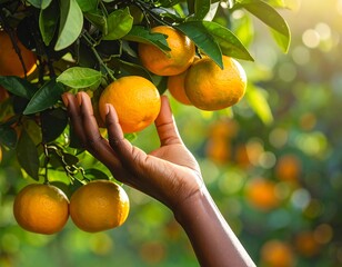Close-up of dark-skinned hand reaching for a ripe orange on a tree. Sunlight filters through the leaves, illuminating the fruit
