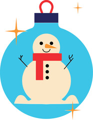 A festive Christmas ornament featuring a cheerful snowman with a red scarf and carrot nose, set against a bright blue background with sparkling starbursts.