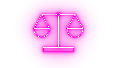 A simple white outline icon of a justice scale symbol isolated on a bright pink background with a dark purple gradient edge, representing balance and fairness