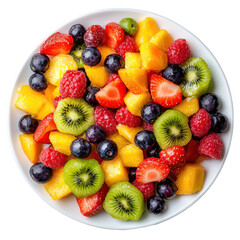 Obraz premium A vibrant bowl of colorful fruit salad with kiwi, strawberries, blueberries, and mangoes.