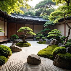 Serene Japanese garden scene features raked sand, sculpted trees, moss-covered stones, and traditional architecture. Sunlit with shadows