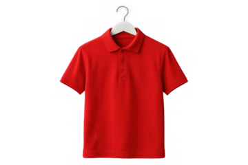 Red polo shirt hanging on a hanger, providing a clear template for casual wear designs, offering comfort and style