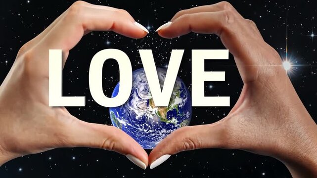Hands forming a heart shape around Earth, symbolizing unity and love, with a starry background, global connection and harmony. The concept of love, relationships, and the holiday of Valentine's Day.