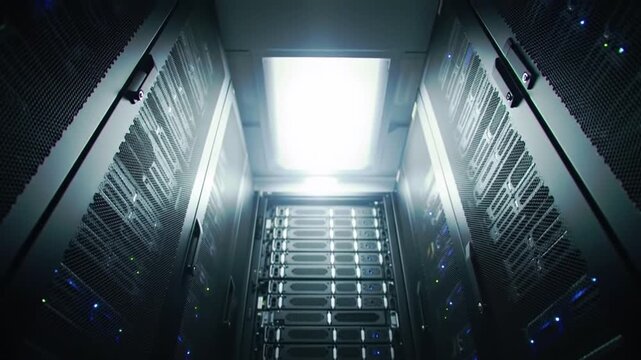 Server room with racks of computers and overhead lighting