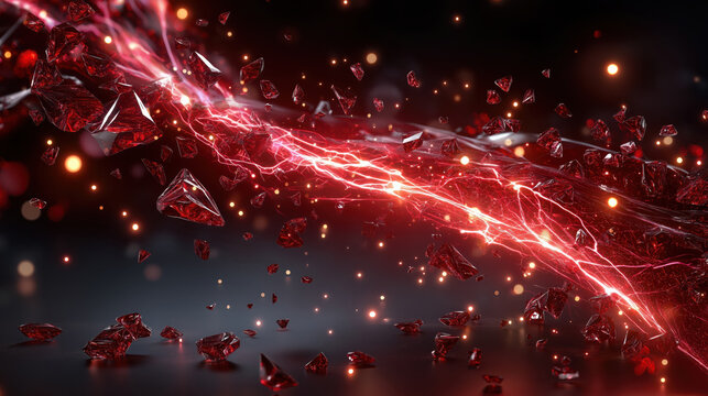 Dramatic red abstract image featuring shards and glowing elements, creating sense of energy and movement