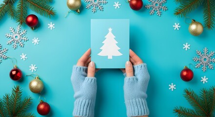 Top view of hands in cozy blue gloves holding a festive Christmas tree greeting card, beautifully arranged with holiday decorations and fir branches on a vibrant blue background