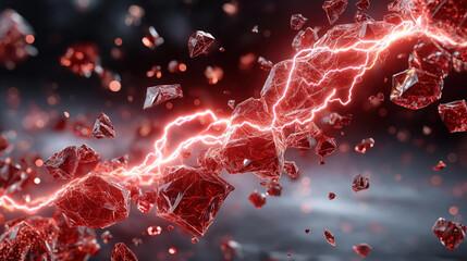 Dramatic red abstract image featuring shards of crystal like structures illuminated by electric energy, creating striking visual impact